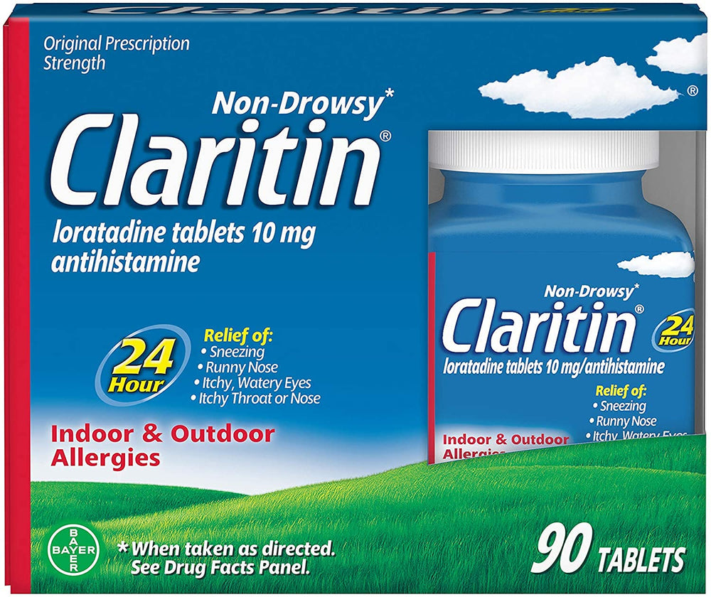 Claritin bottle 90 tablets shows 24-hour allergy relief for indoor and outdoor environments.
