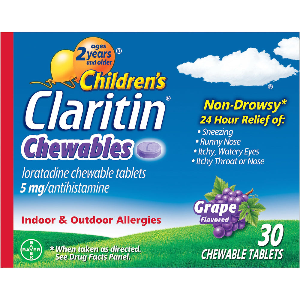 Claritin chewables grape bottle front shows kid-friendly allergy relief in a convenient chewable format.