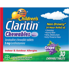Claritin chewables grape bottle front shows kid-friendly allergy relief in a convenient chewable format.
