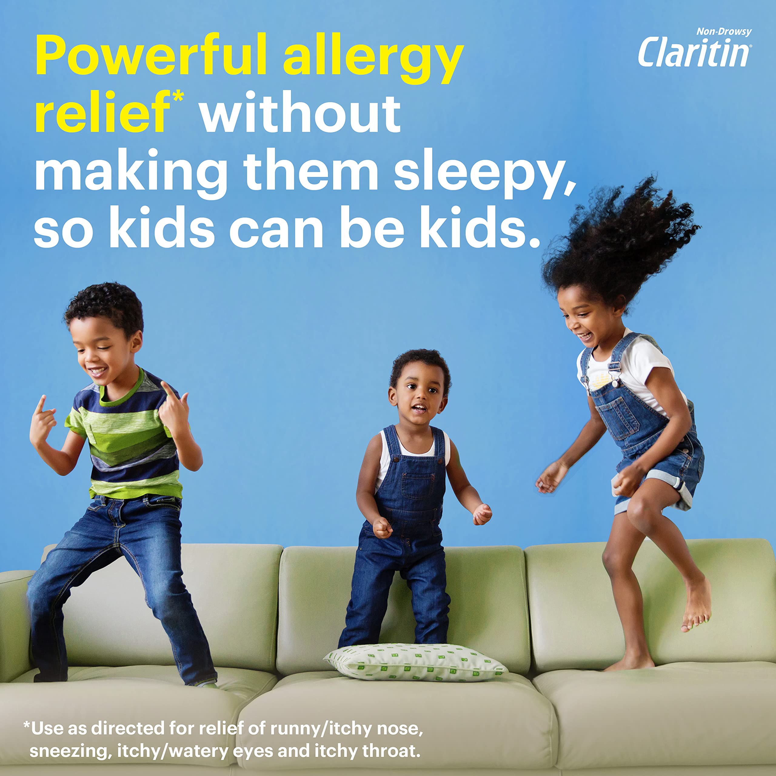 Claritin chewables grape bottle pour highlights easy on-the-go dosing for busy families.