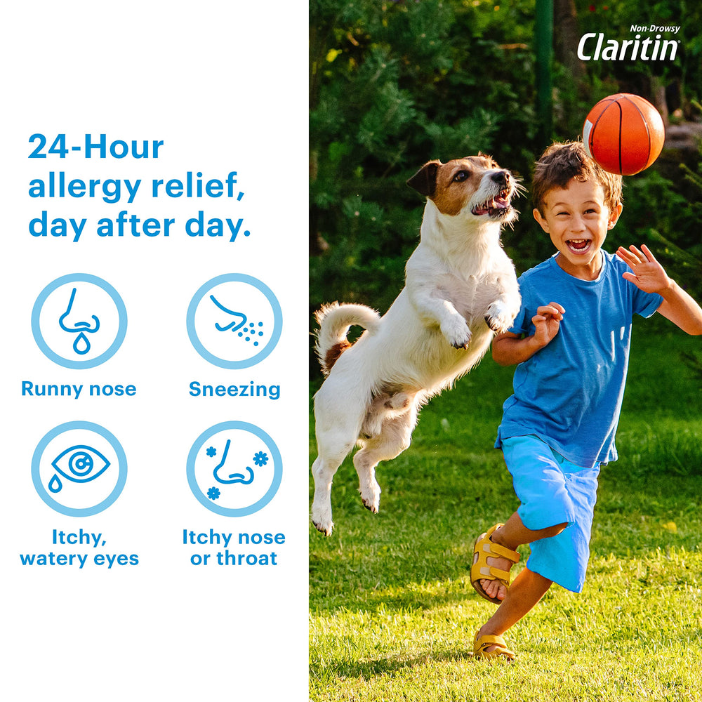 Claritin chewables grape box label focuses on trusted brand and non-drowsy allergy relief.