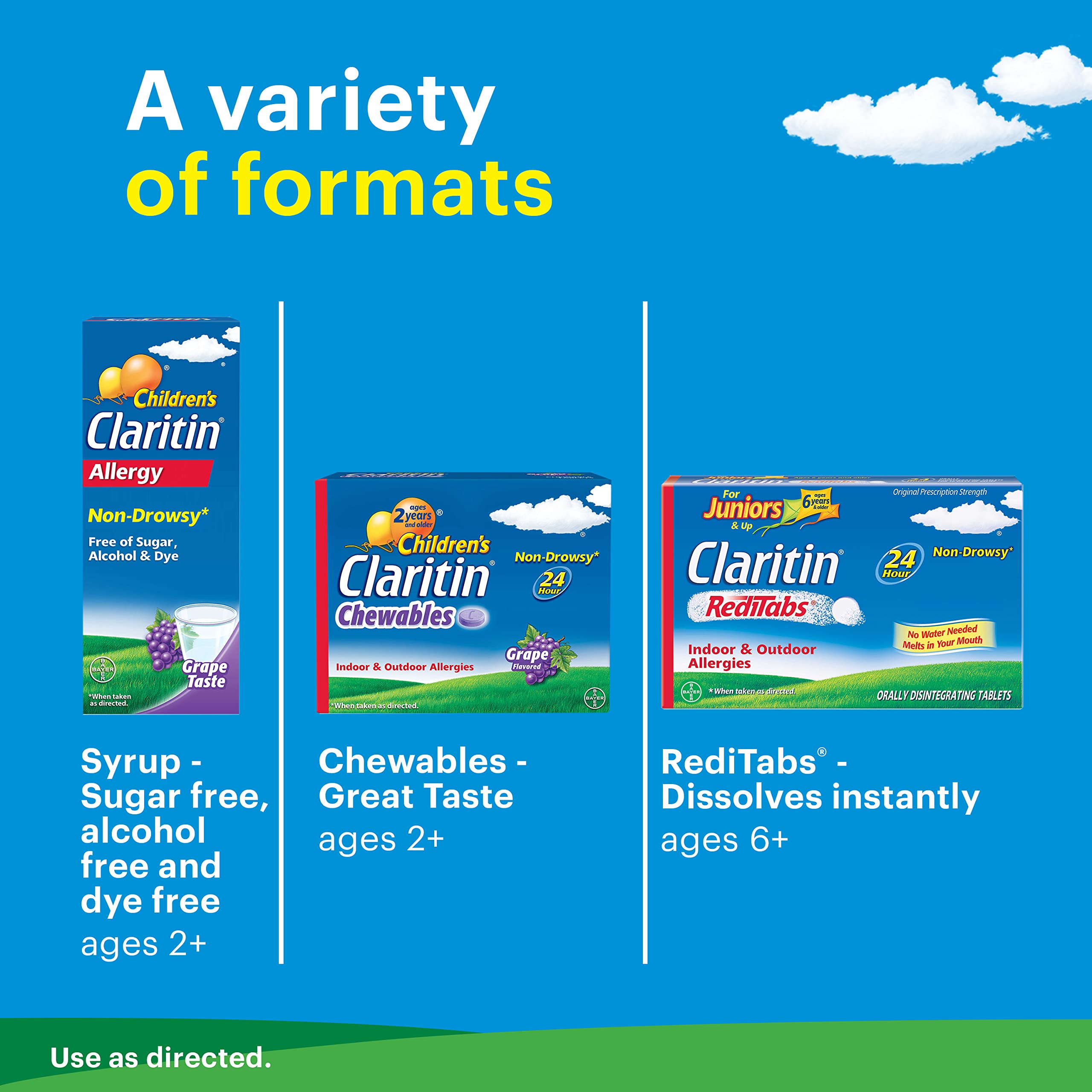 Claritin chewables grape flavor visual reinforces tasty grape option for children’s daily relief.