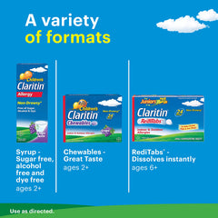 Claritin chewables grape flavor visual reinforces tasty grape option for children’s daily relief.