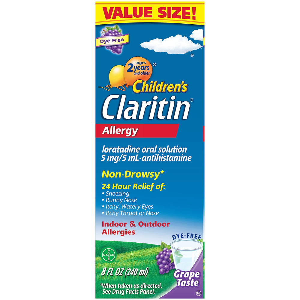 Claritin children bottle pour demonstrates easy dosing for kids' allergy relief.