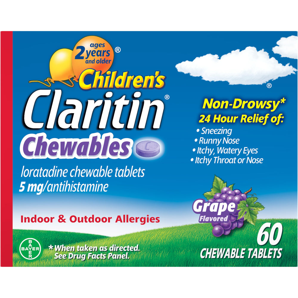 Claritin Children Chewables grape bottle offers non-drowsy, day-long allergy support for kids.