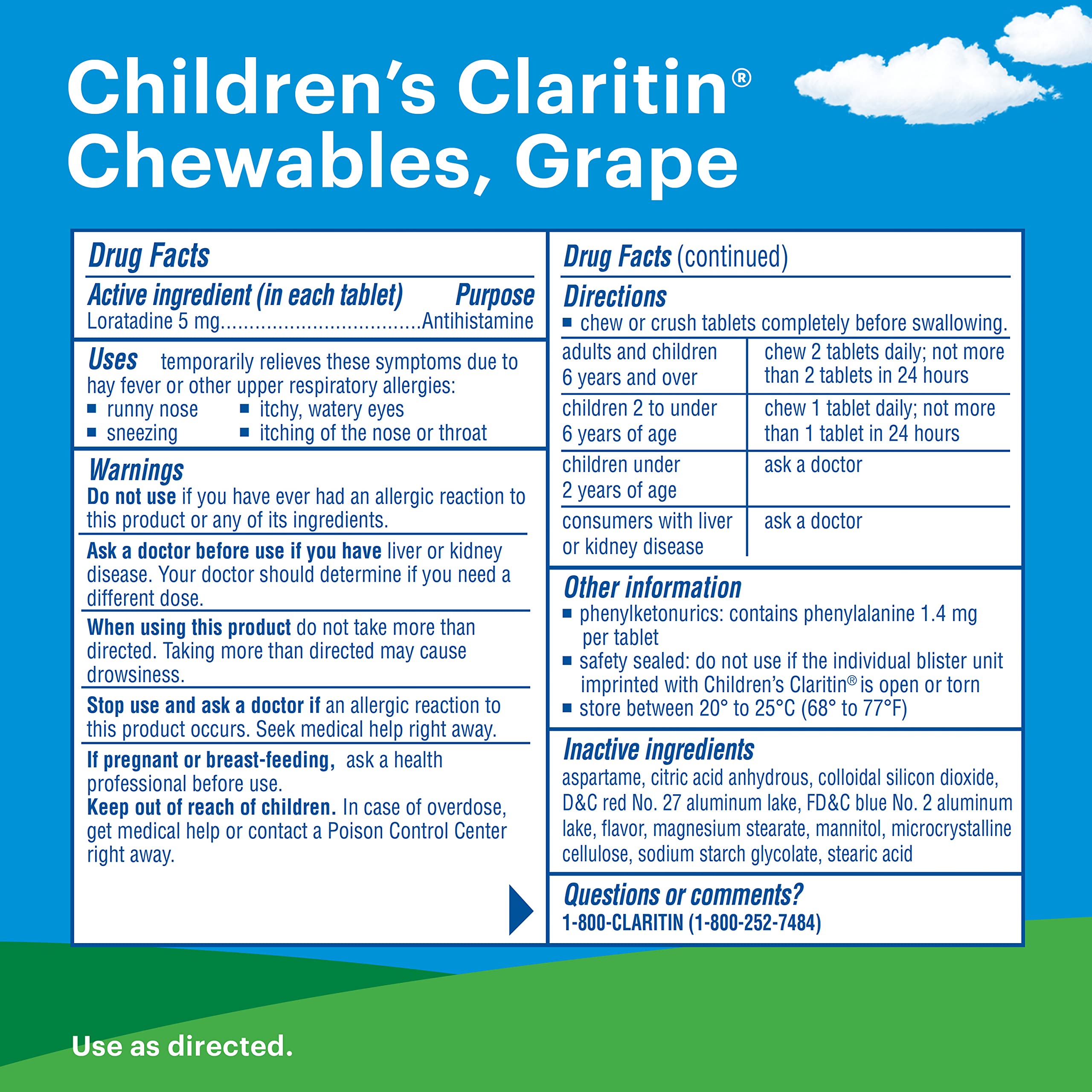Closeup of Claritin Children Chewables grape tablets showing kid-friendly chewable form.