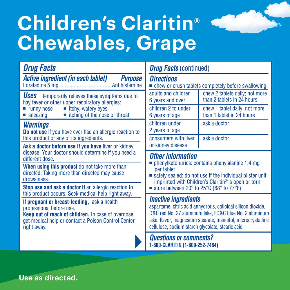 Closeup of Claritin Children Chewables grape tablets showing kid-friendly chewable form.