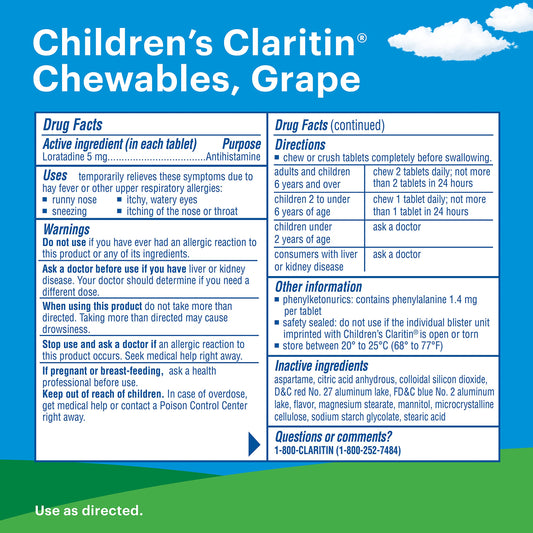 Closeup of Claritin Children Chewables grape tablets showing kid-friendly chewable form.