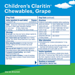 Closeup of Claritin Children Chewables grape tablets showing kid-friendly chewable form.