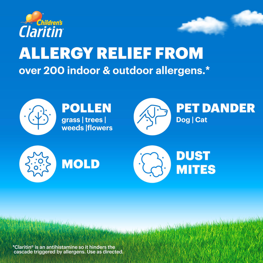 Claritin ingredients close-up underscores dye-free, sugar-free, alcohol-free formula.