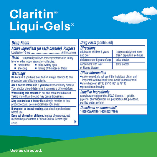 Claritin Liqui-Gels 10 mg capsule close-up highlighting fast, non-drowsy relief