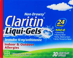 Claritin LiquiGels bottle cap highlights easy-seal for on-the-go use.