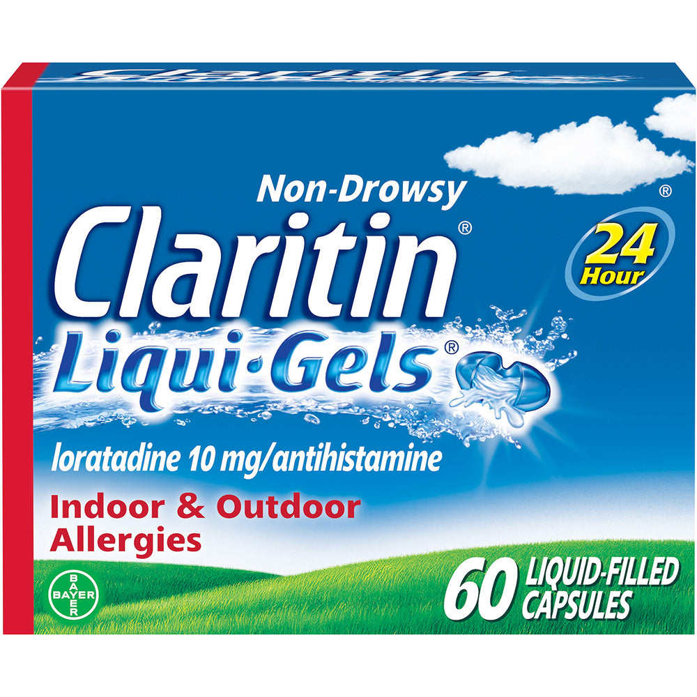 Claritin Liqui-Gels bottle on a shelf for all-day allergy relief