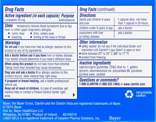 Claritin LiquiGels bottle pour illustrating simple, measured dosing.