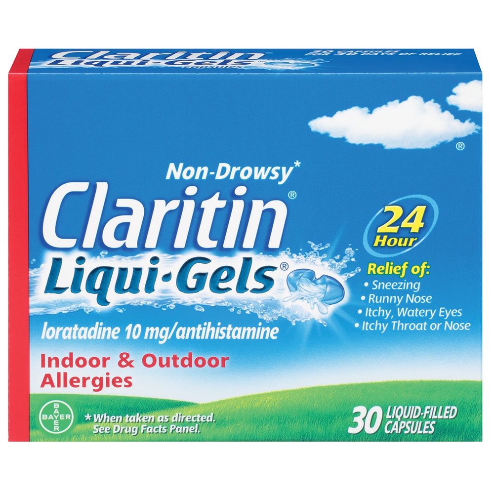 Claritin LiquiGels box front signaling 24-hour allergy relief.