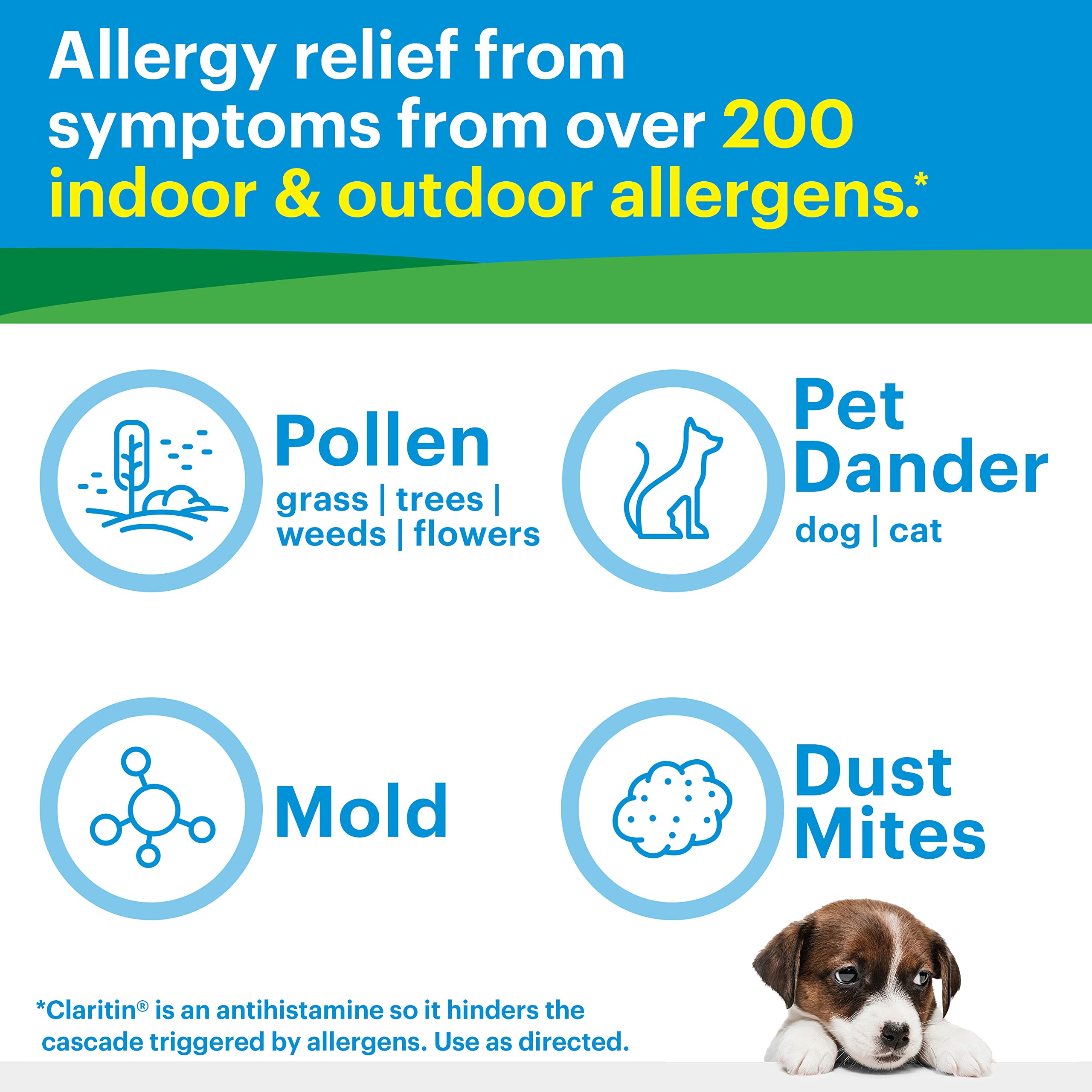 Claritin non-drowsy formula packaging highlights daytime, focused activity.