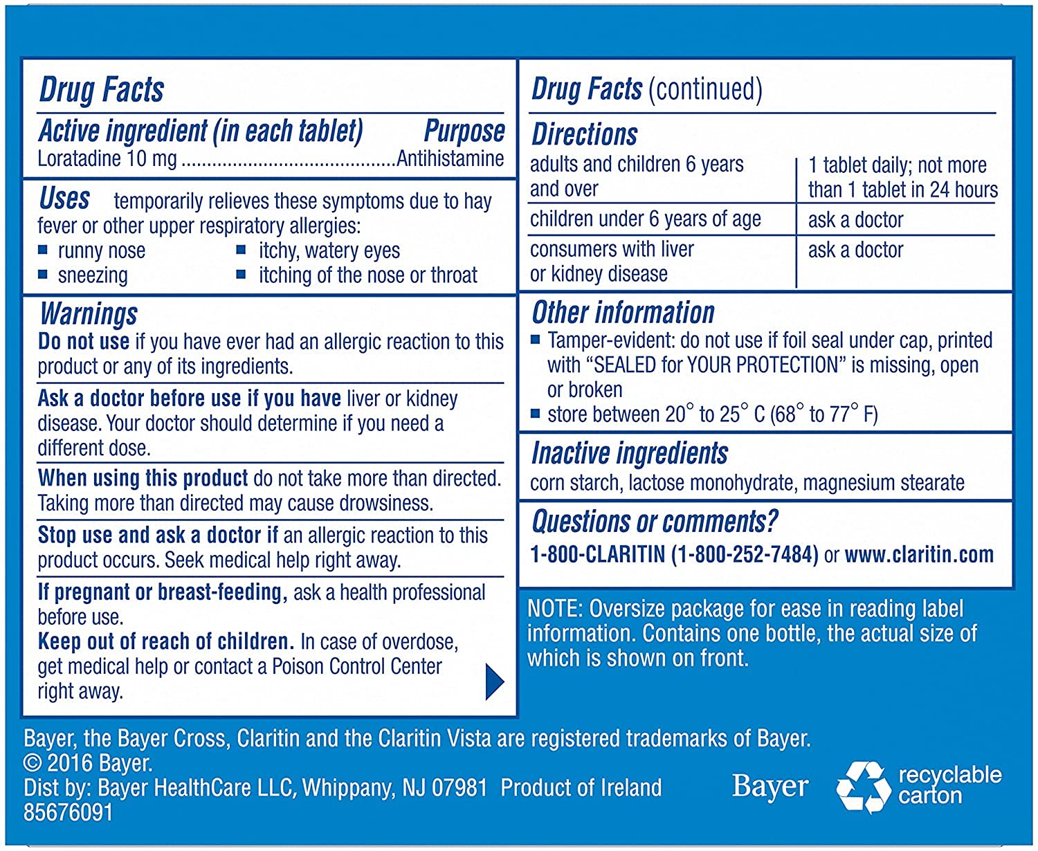 Claritin packaging highlights 90 tablets for flexible daily use against indoor and outdoor allergies.