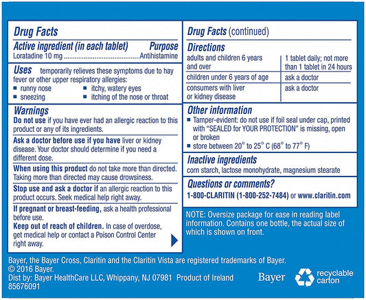 Claritin packaging highlights 90 tablets for flexible daily use against indoor and outdoor allergies.