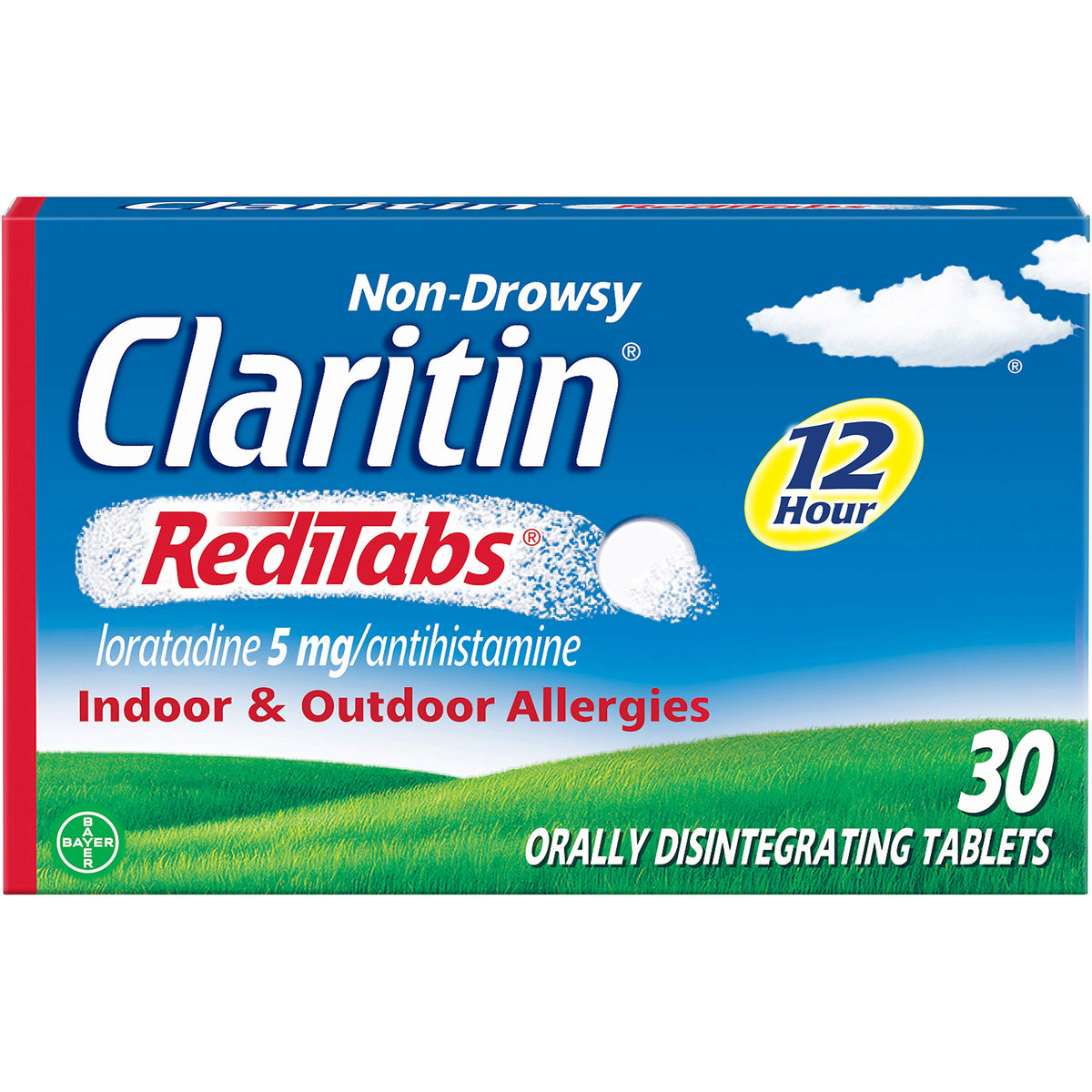 Claritin RediTabs box showing 12 hour allergy relief for on-the-go use