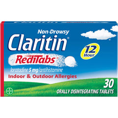Claritin RediTabs box showing 12 hour allergy relief for on-the-go use