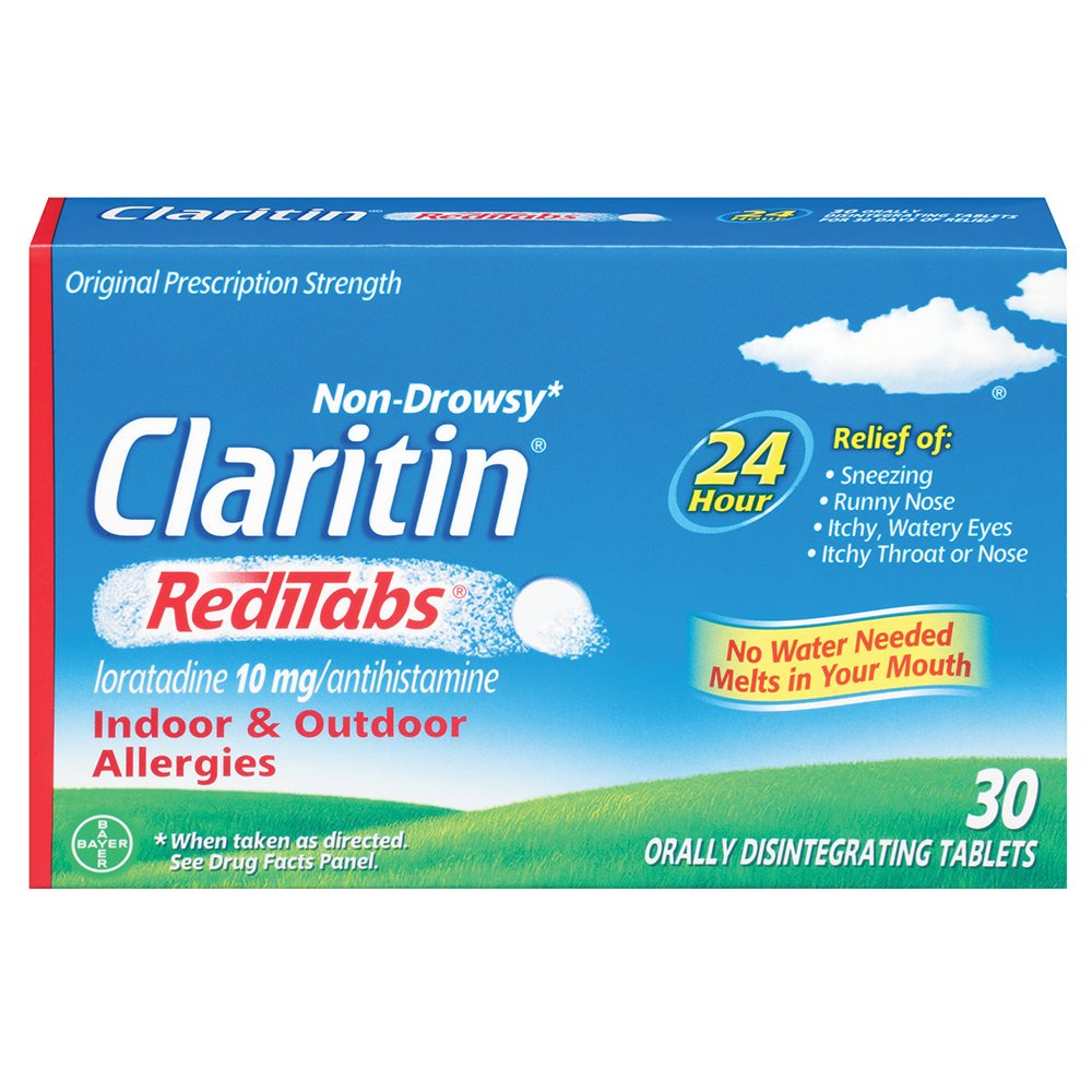 Claritin RediTabs packaging shows 30-count bottle for all-day allergy relief on the go