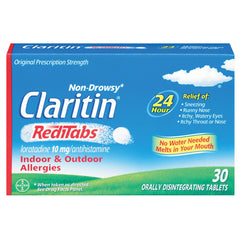 Claritin RediTabs packaging shows 30-count bottle for all-day allergy relief on the go