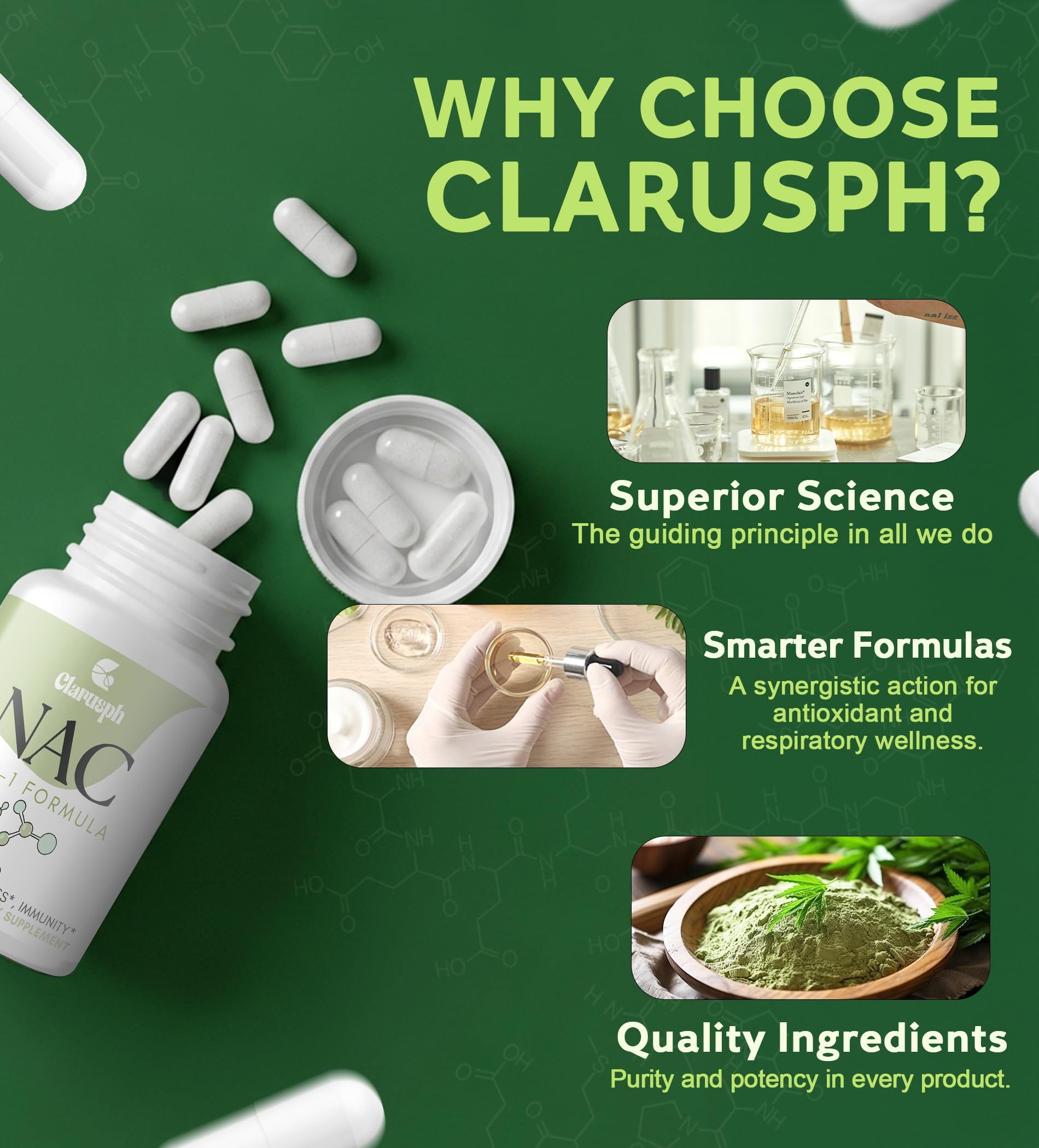 Ingredients panel showing NAC, Bromelain, Glycine and Selenium