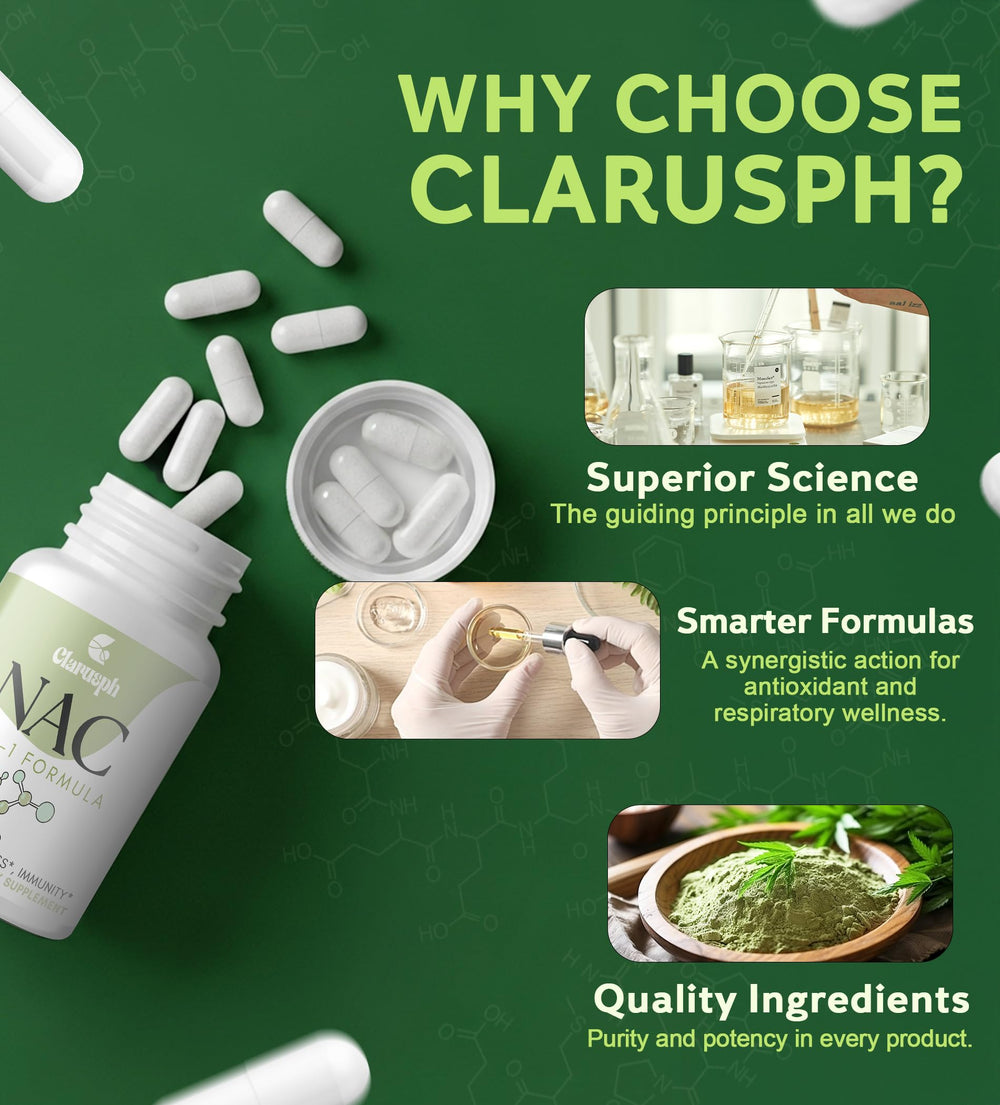 Ingredients panel showing NAC, Bromelain, Glycine and Selenium