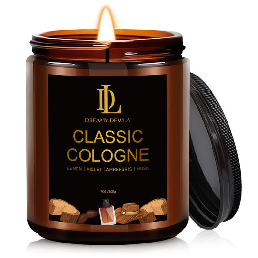 Classic Cologne Candle in a 7oz glass jar with warm amber glow