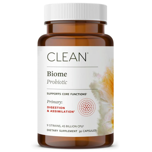 Clean Biome Probiotic bottle with 30 capsules on white background