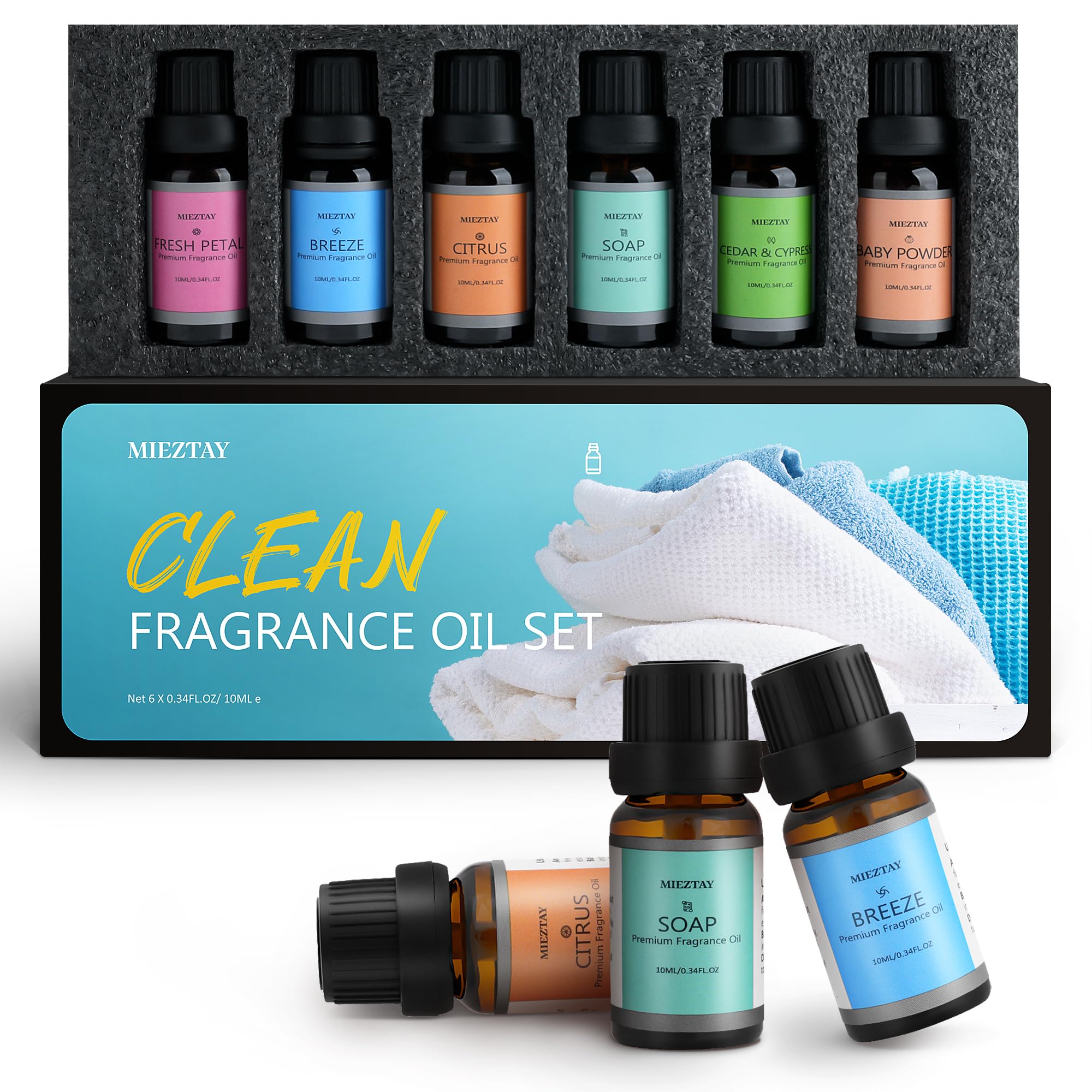 Display of six 10ml fragrance oils for diffuser, candle and soap making