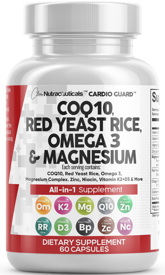 CardioGuard bottle featuring CoQ10, Red Yeast Rice, Omega-3 and Magnesium
