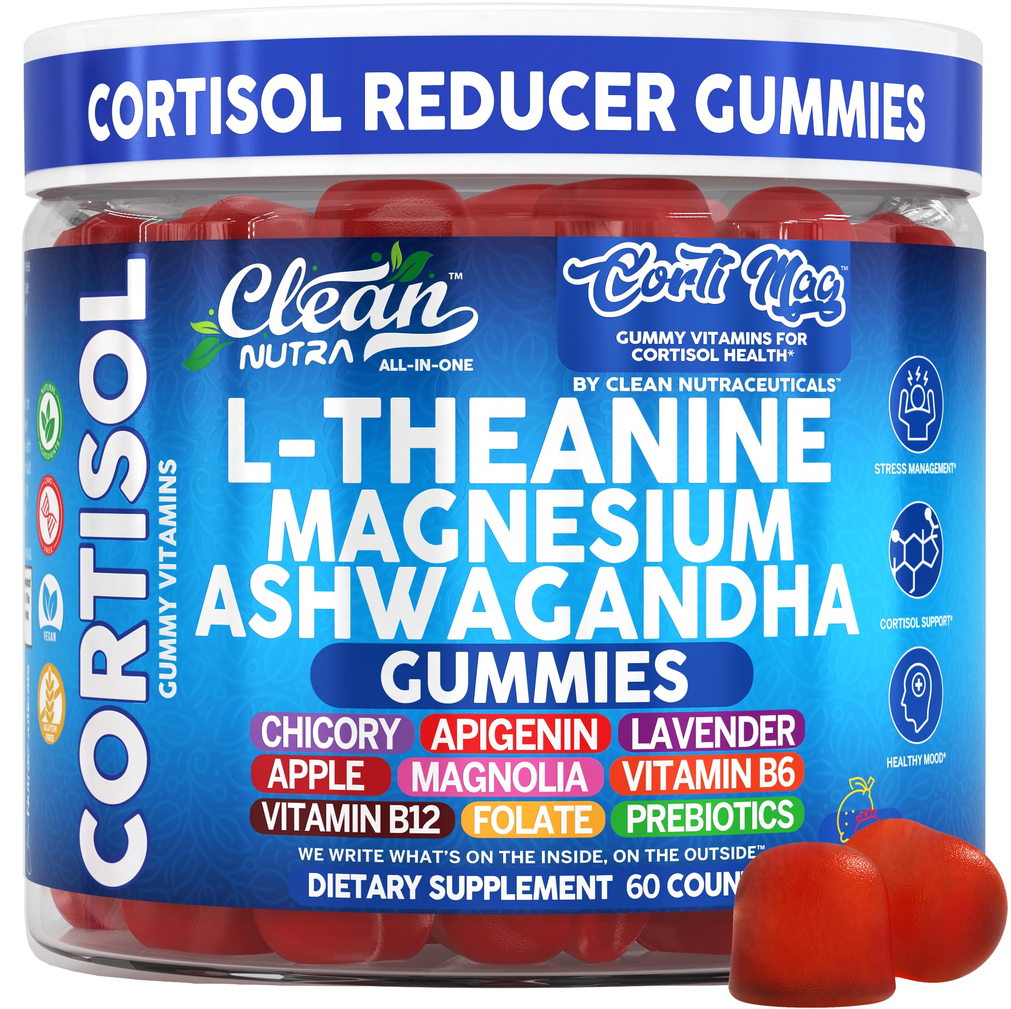 Close-up of Clean Nutra Cortisol Gummies ingredients: L-Theanine, Magnesium, Ashwagandha, Vitamin B6, Apple Pectin