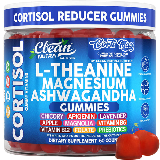 Close-up of Clean Nutra Cortisol Gummies ingredients: L-Theanine, Magnesium, Ashwagandha, Vitamin B6, Apple Pectin