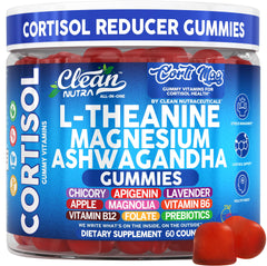 Close-up of Clean Nutra Cortisol Gummies ingredients: L-Theanine, Magnesium, Ashwagandha, Vitamin B6, Apple Pectin