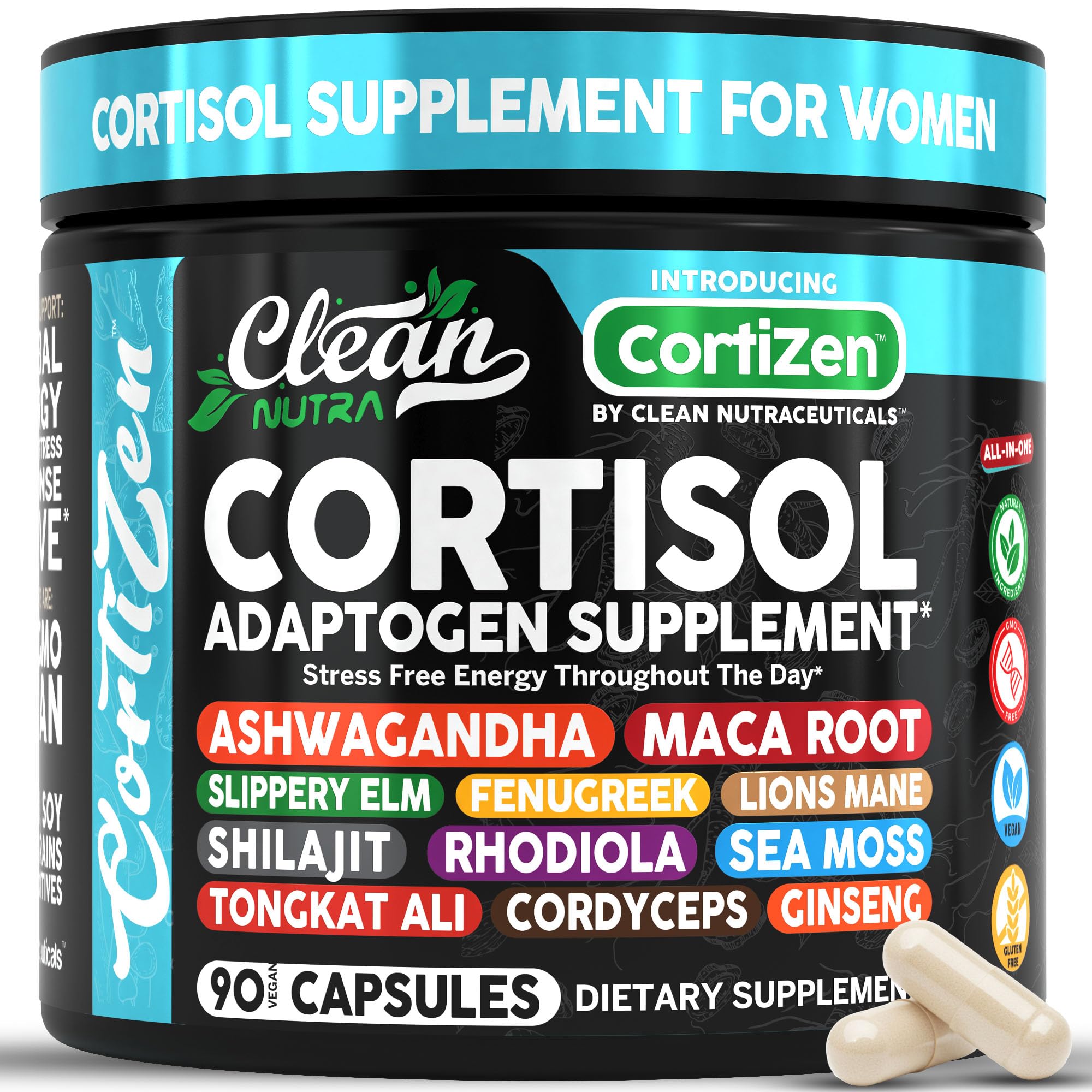 Hero image of Clean Nutra Cortisol Supplements for Women with capsules and powders