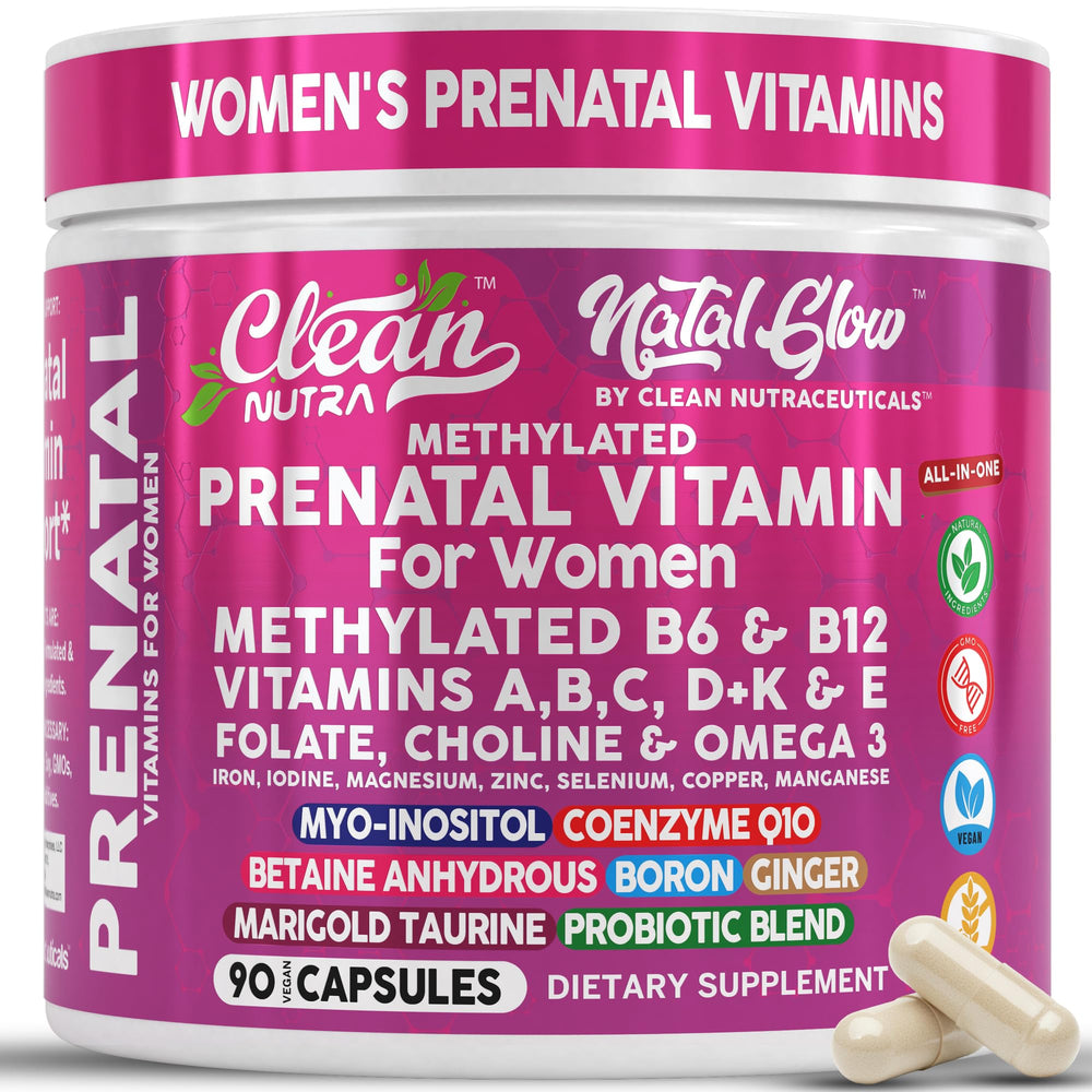 Bottle of Clean Nutra methylated prenatal vitamins for women