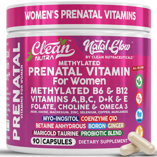 Bottle of Clean Nutra methylated prenatal vitamins for women