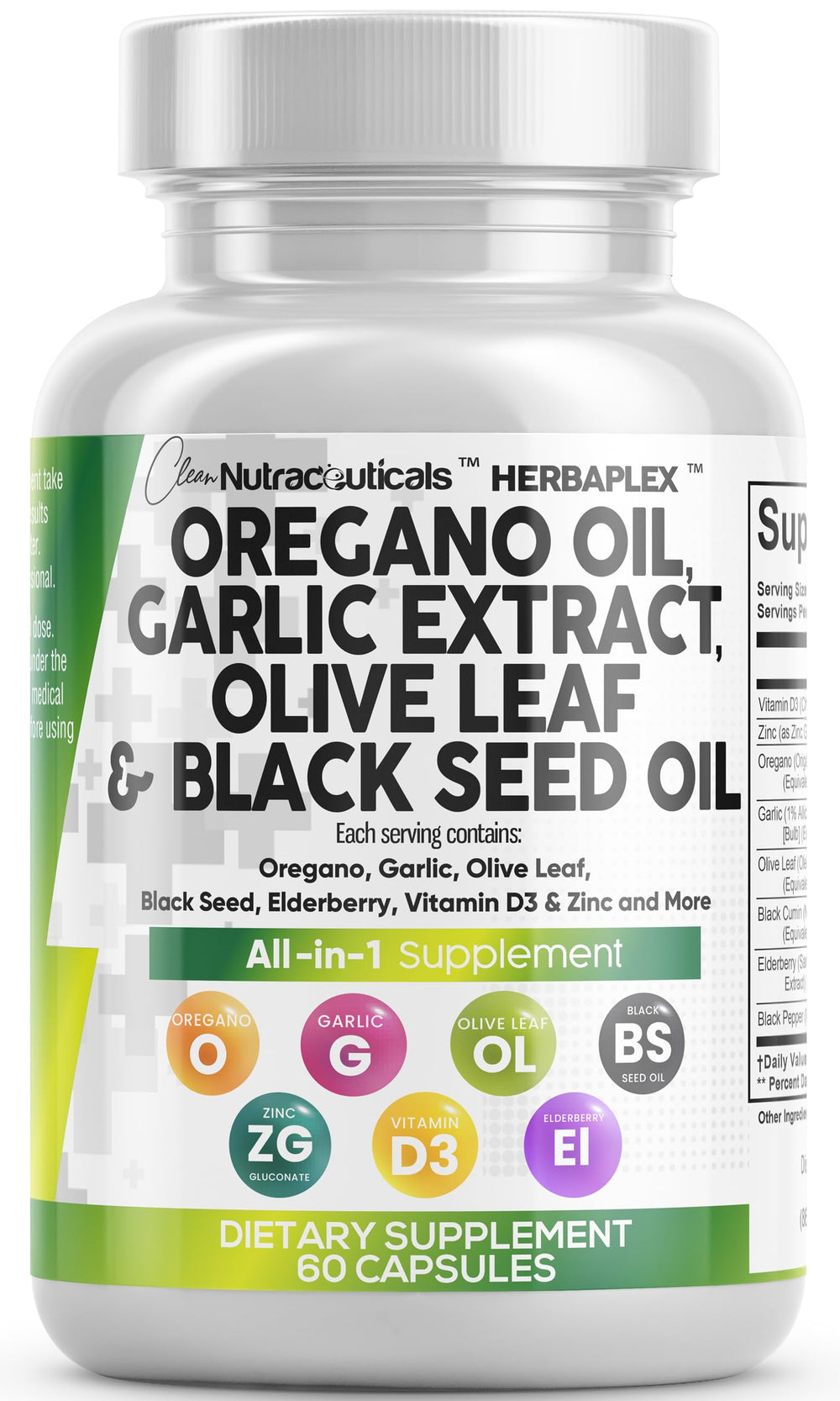 Product image: Clean Nutra Oregano Oil with Black Seed, Garlic, Olive Leaf and Elderberry capsules