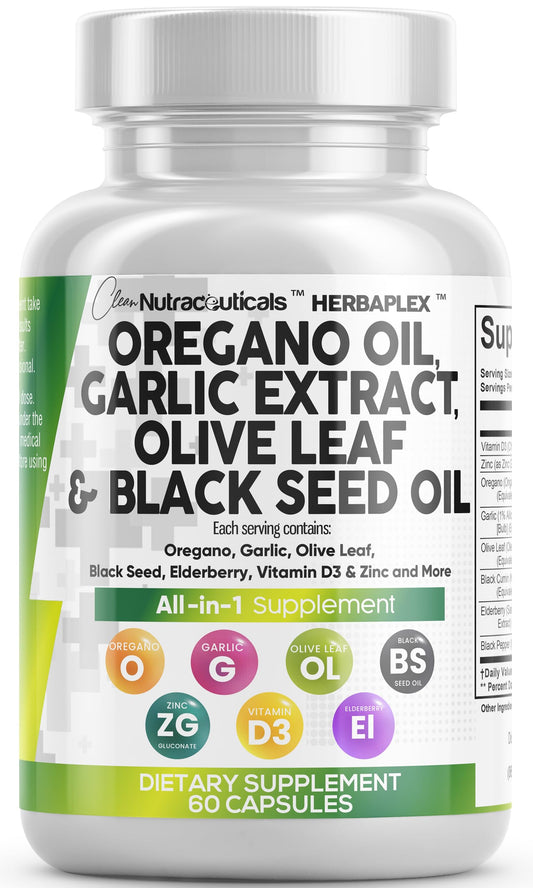 Product image: Clean Nutra Oregano Oil with Black Seed, Garlic, Olive Leaf and Elderberry capsules