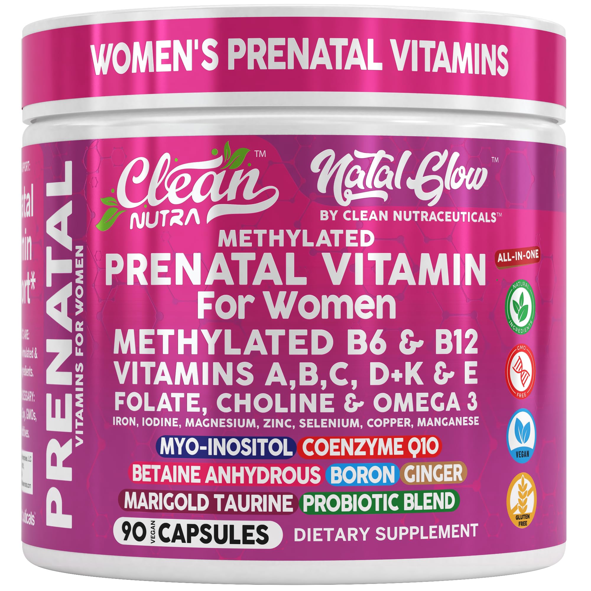 Packaging and dosage details of Clean Nutra methylated prenatal vitamins