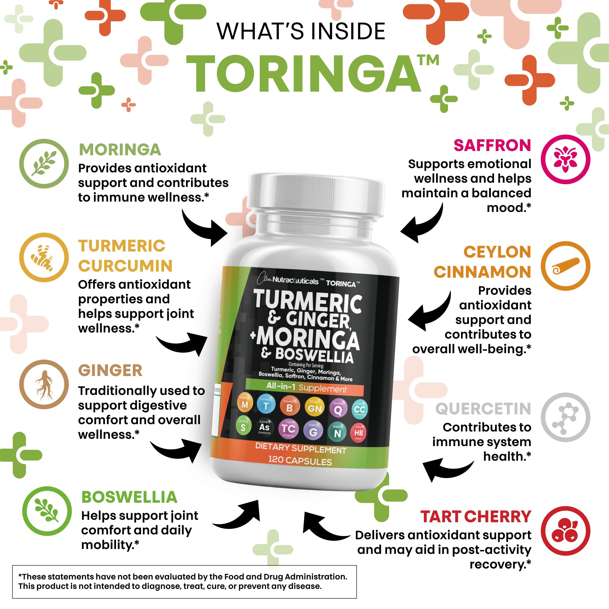Product label featuring Turmeric Moringa Boswellia and Saffron
