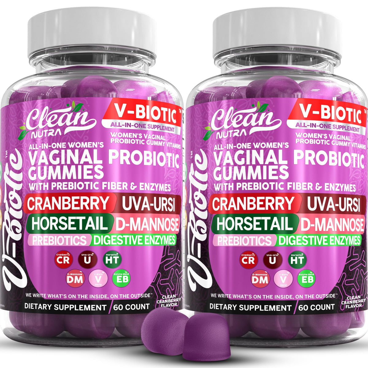 Clean Nutra Vbiotic Gummies – cranberry flavor with probiotic and enzyme blend for vaginal and urinary health