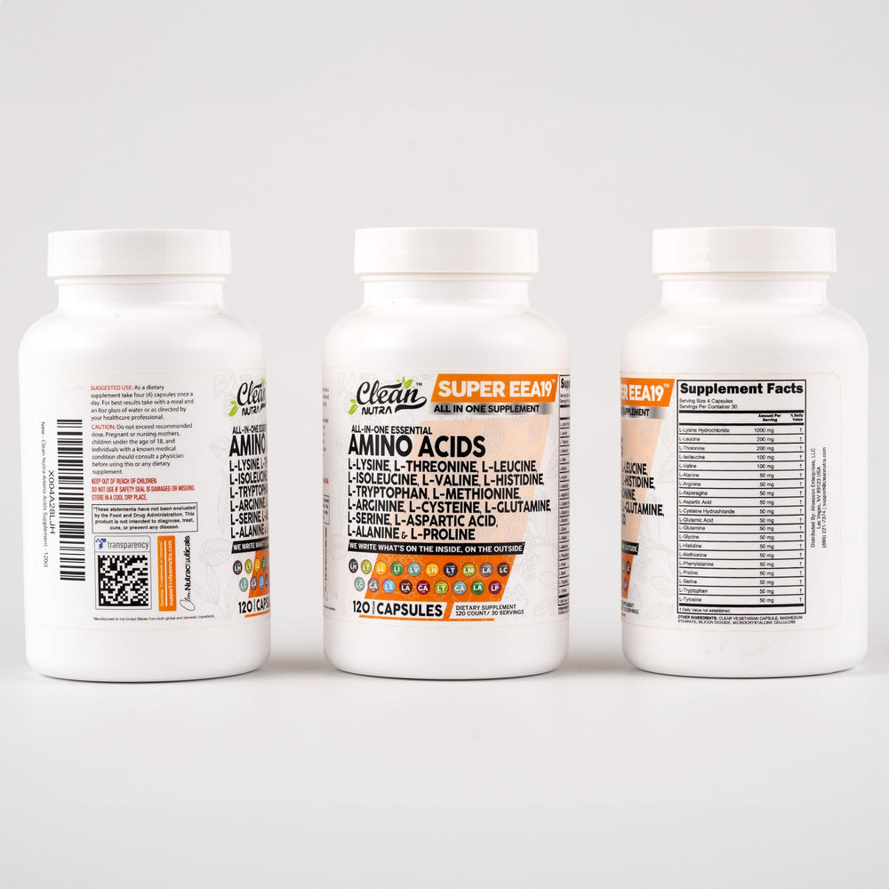 Amino acids bottle and capsules for daily wellness