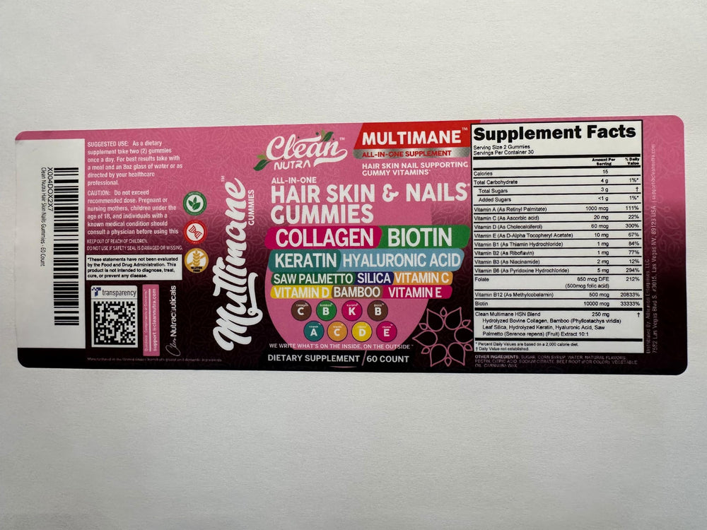 Nutrition label and ingredients on bottle