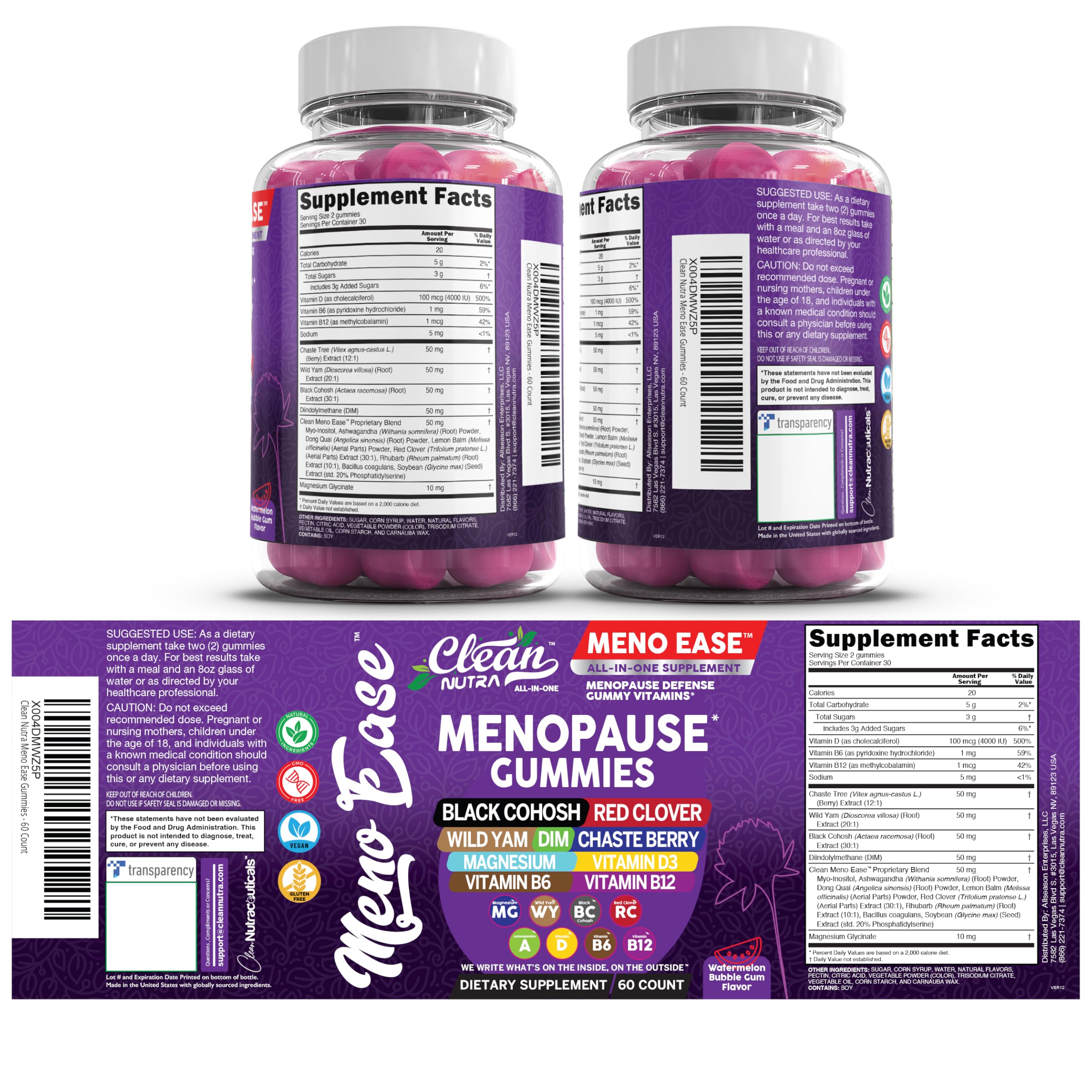 Bottle label and dosage guidance on Clean Nutraceuticals menopause gummies for easy planning.