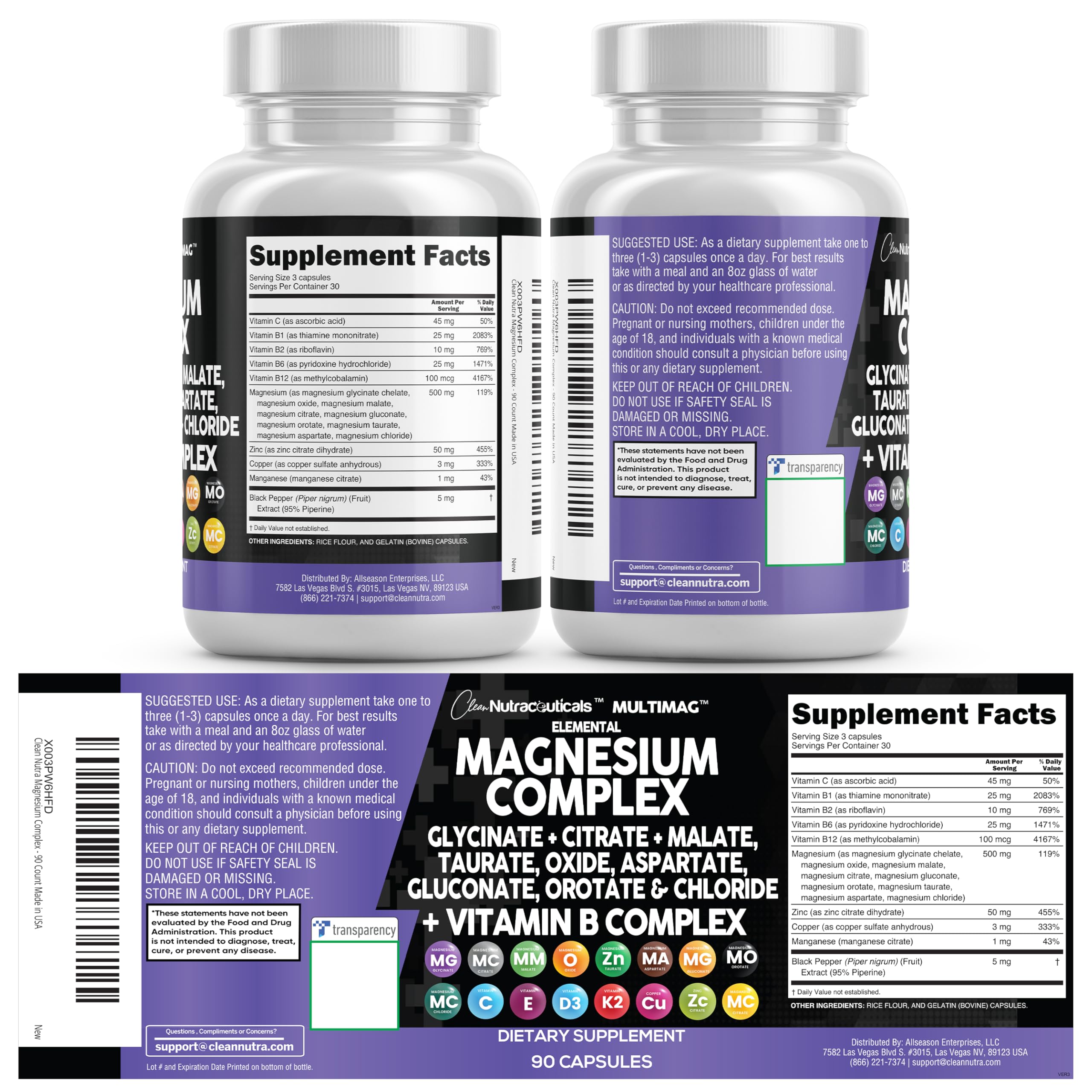 Clean Nutraceuticals MultiMag dosage image highlights a three-capsule daily amount.