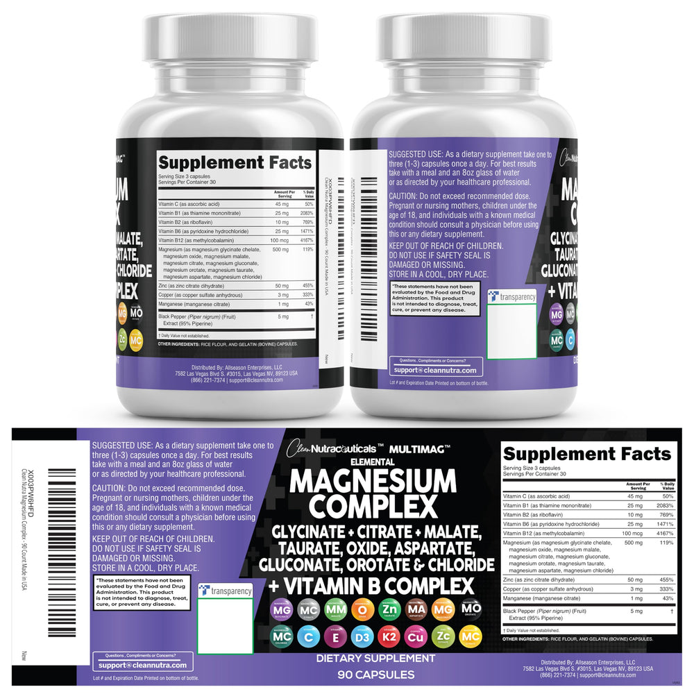 Clean Nutraceuticals MultiMag dosage image highlights a three-capsule daily amount.