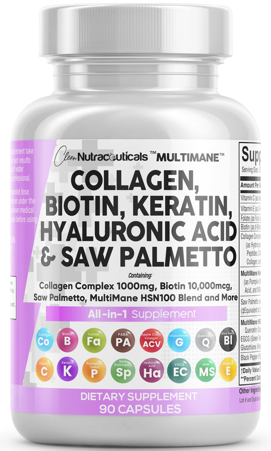 Bottle of Clean Nutraceuticals MultiMane Collagen Pills 1000mg with Biotin 10000mcg