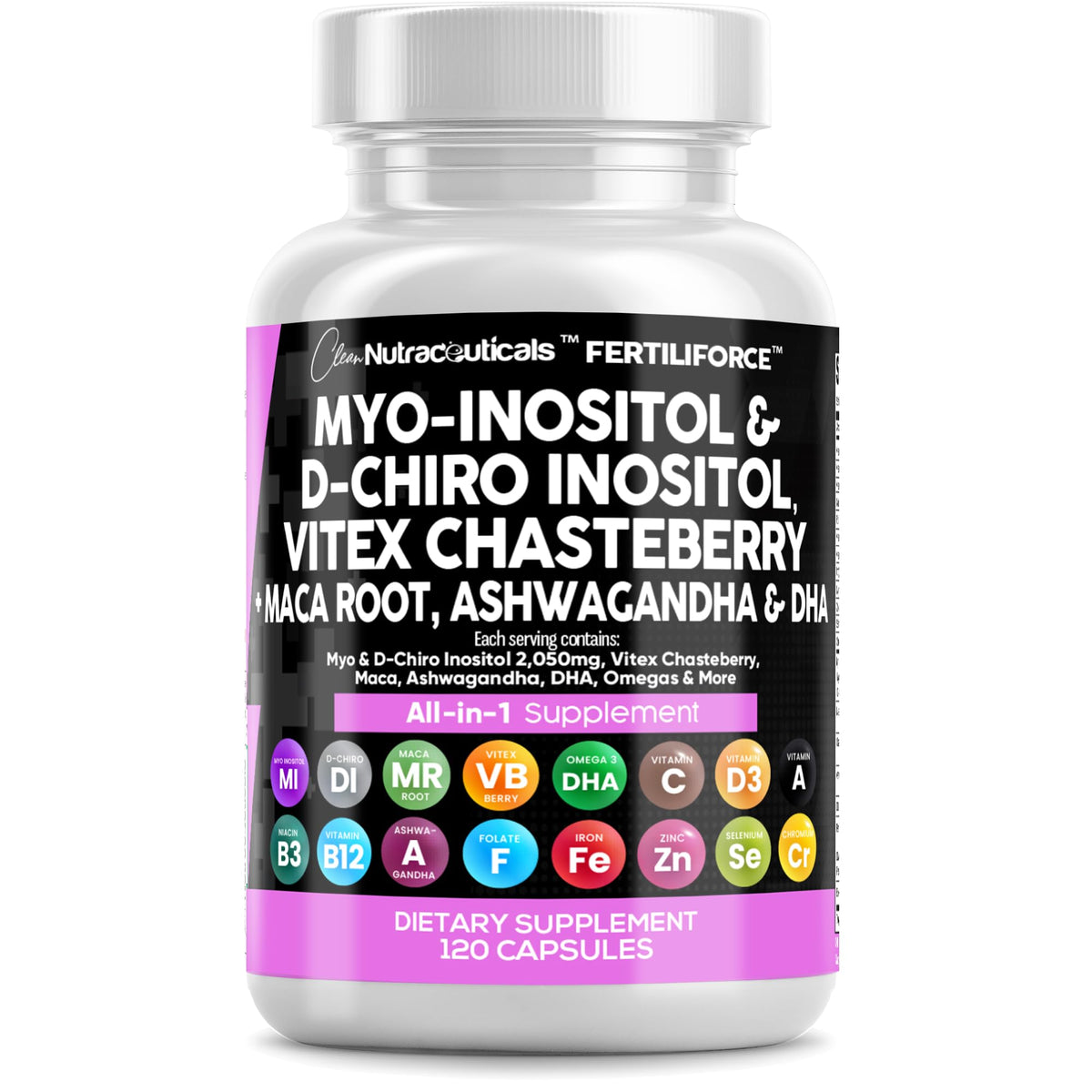 Clean Nutraceuticals Myo-Inositol and D-Chiro Inositol 2050mg bottle
